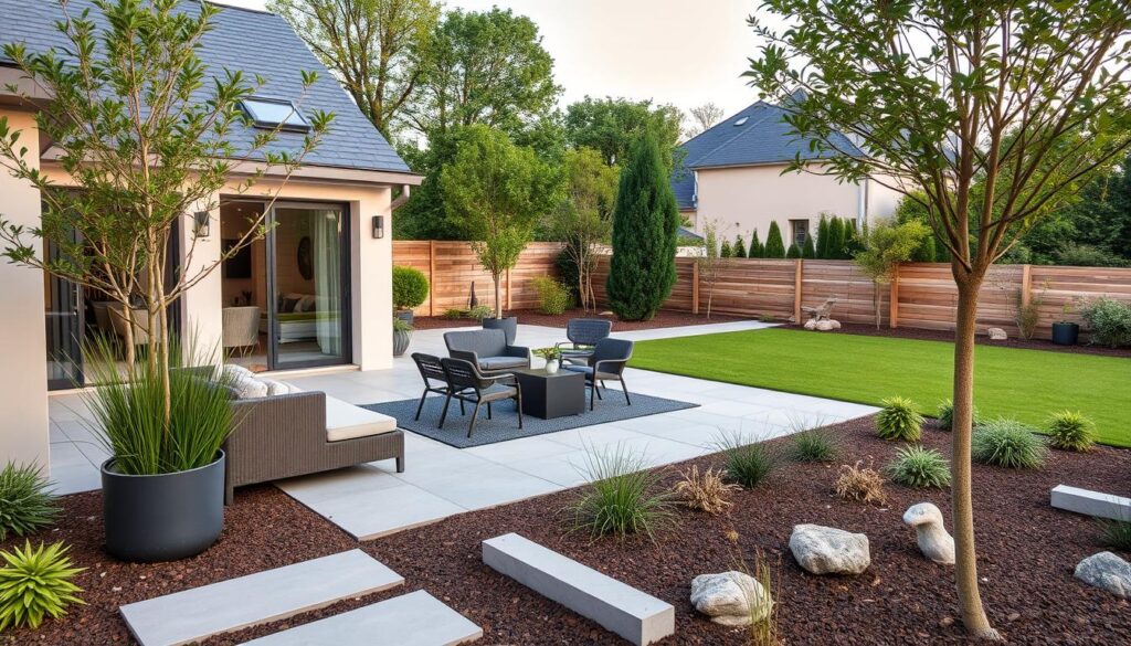 Aménagement extérieur avec terrasse et jardin paysager
