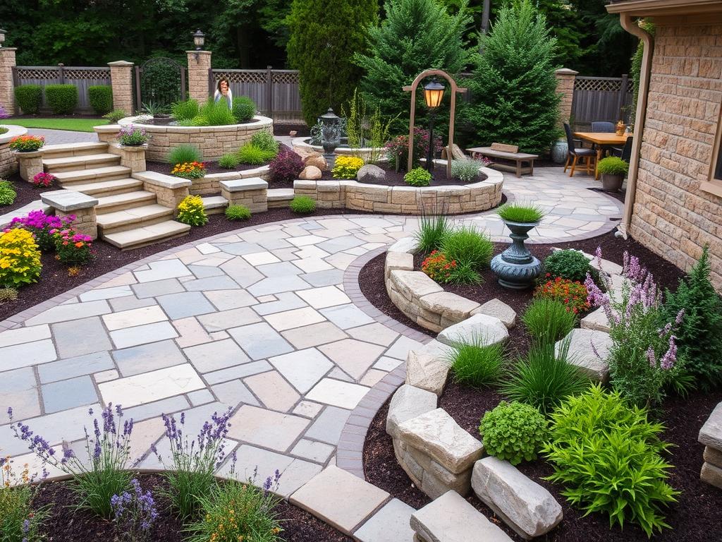 Aménagement paysager avec terrasse, massifs et éclairage