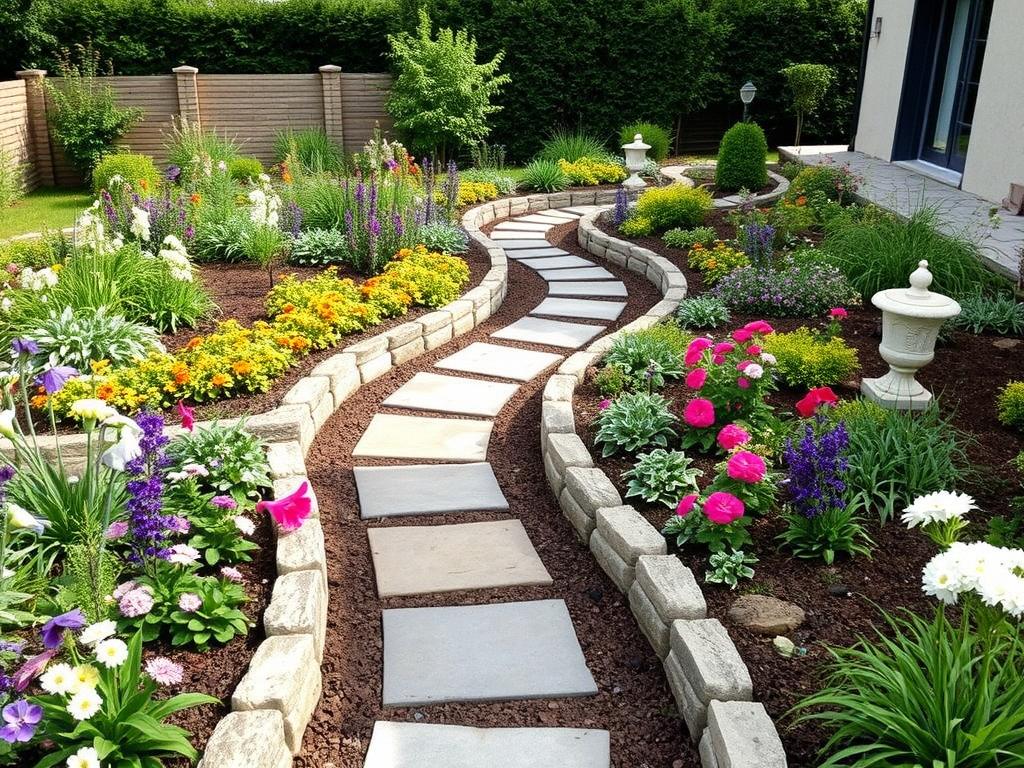 Création de jardin paysager avec massifs fleuris et allées