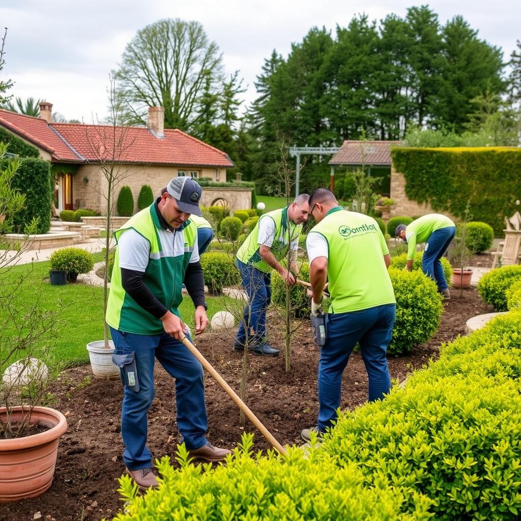 Équipe de jardiniers réalisant un aménagement paysager